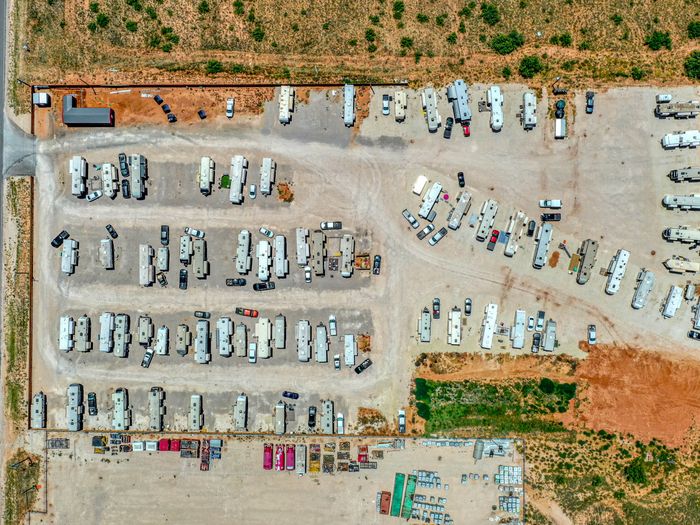 Rangers RV Park from directly above, showing rows of full-hookup spots