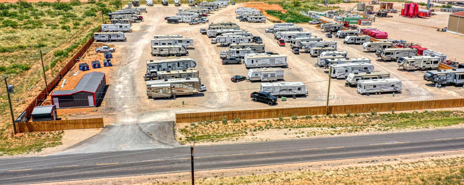 Drone view over the rows at Rangers RV Park in Midland