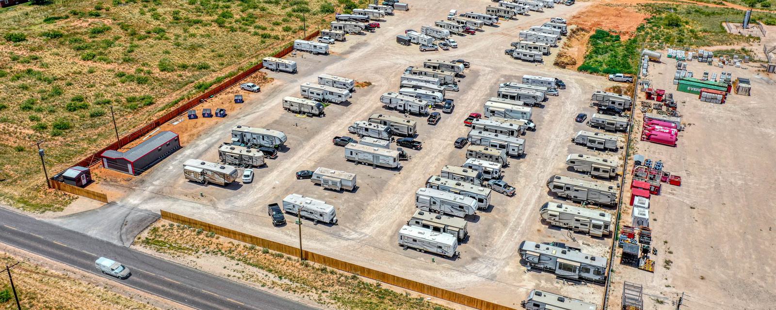 Rows of full-hookup spots at Rangers RV Park from above